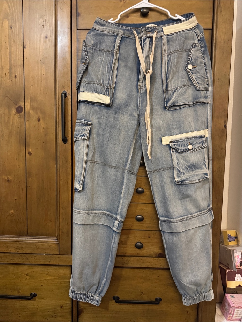 POL Light Blue Denim Cargo Joggers